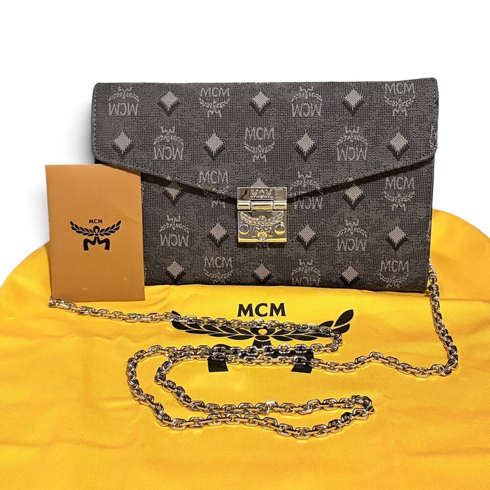 MCM Black Denim Jacquard Monogram Crossbody Wallet Bag with Silver Chain NEW